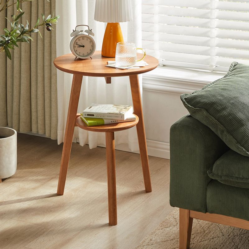 Traditional Japanese Solid Wood Round Top End Table 2-Tier Storage Shelves For Living Room