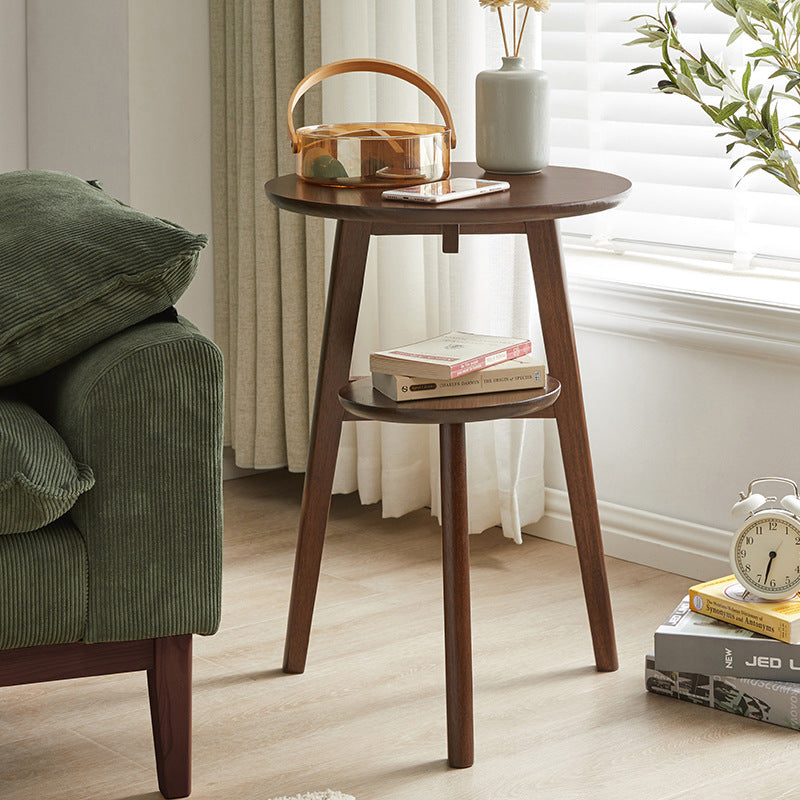 Traditional Japanese Solid Wood Round Top End Table 2-Tier Storage Shelves For Living Room
