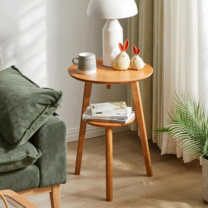 Traditional Japanese Solid Wood Round Top End Table 2-Tier Storage Shelves For Living Room