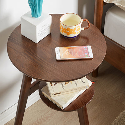 Traditional Japanese Solid Wood Round Top End Table 2-Tier Storage Shelves For Living Room