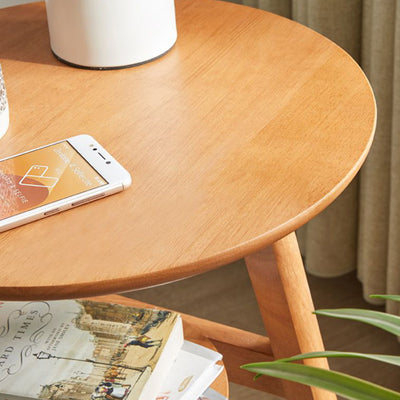 Traditional Japanese Solid Wood Round Top End Table 2-Tier Storage Shelves For Living Room