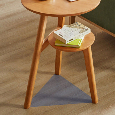 Traditional Japanese Solid Wood Round Top End Table 2-Tier Storage Shelves For Living Room