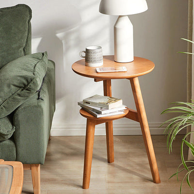 Traditional Japanese Solid Wood Round Top End Table 2-Tier Storage Shelves For Living Room