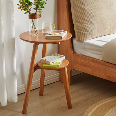 Traditional Japanese Solid Wood Round Top End Table 2-Tier Storage Shelves For Living Room
