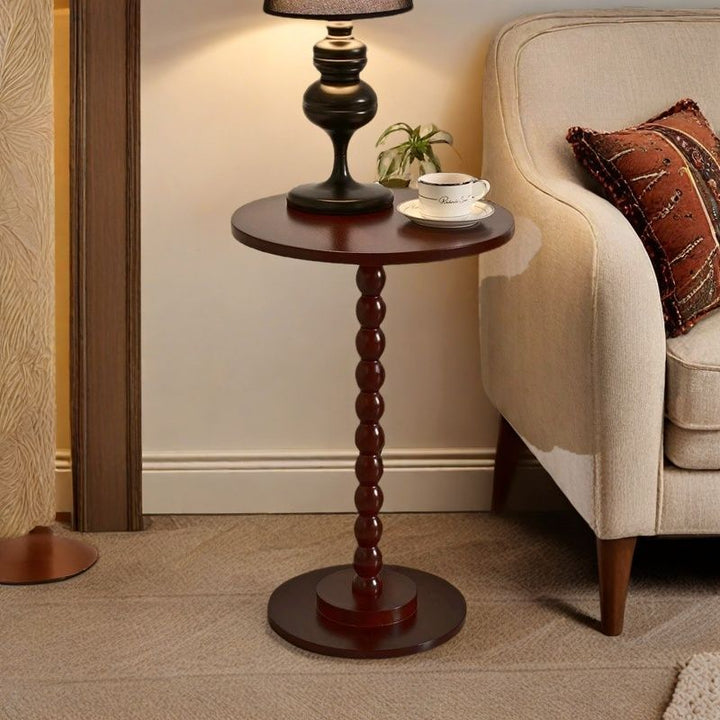 Mesa Auxiliar Redonda de Madera Maciza Vintage Tradicional con Diseño Geométrico para Sala de Estar 