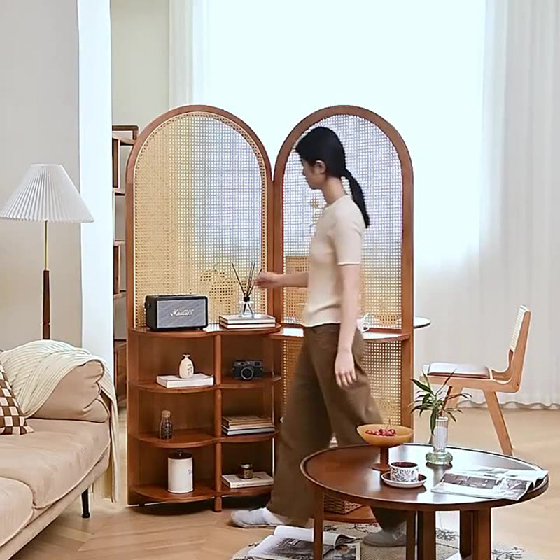 Contemporary Retro Rattan Solid Wood Movable Corner Shelf Unit 2/4-Tier Storage Shelves Room Divider For Living Room