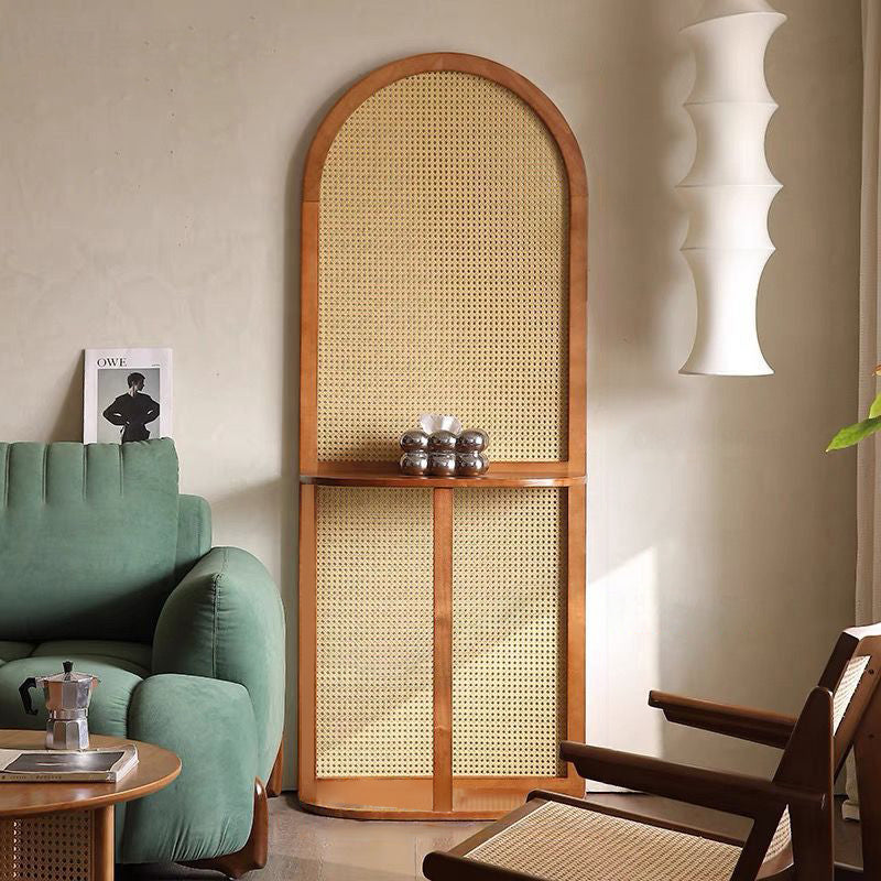 Contemporary Retro Rattan Solid Wood Movable Corner Shelf Unit 2/4-Tier Storage Shelves Room Divider For Living Room