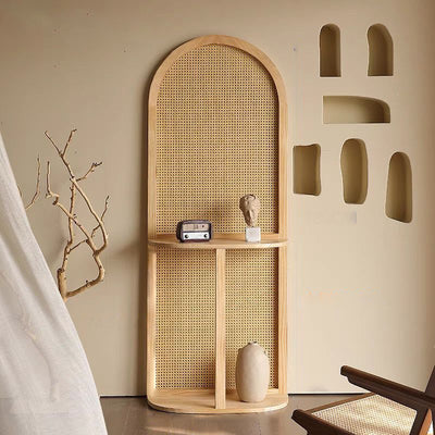 Contemporary Retro Rattan Solid Wood Movable Corner Shelf Unit 2/4-Tier Storage Shelves Room Divider For Living Room