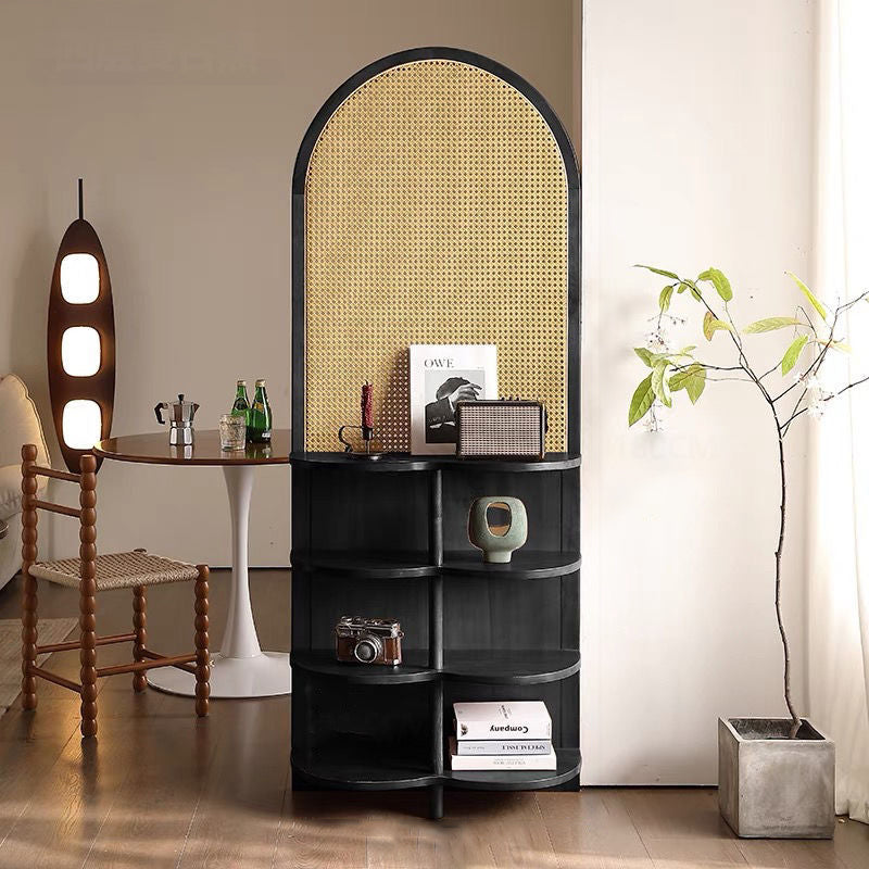 Contemporary Retro Rattan Solid Wood Movable Corner Shelf Unit 2/4-Tier Storage Shelves Room Divider For Living Room