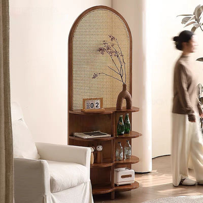 Contemporary Retro Rattan Solid Wood Movable Corner Shelf Unit 2/4-Tier Storage Shelves Room Divider For Living Room
