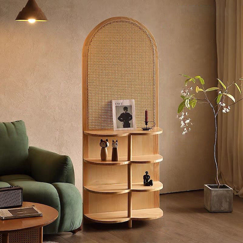Contemporary Retro Rattan Solid Wood Movable Corner Shelf Unit 2/4-Tier Storage Shelves Room Divider For Living Room