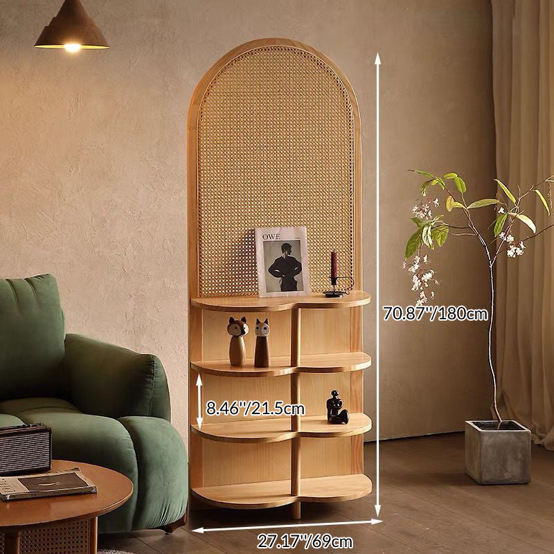 Contemporary Retro Rattan Solid Wood Movable Corner Shelf Unit 2/4-Tier Storage Shelves Room Divider For Living Room