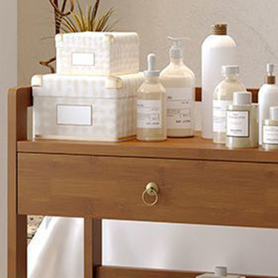 Traditional Chinese Solid Wood Rectangular Side Table 2-Tier Storage Cabinet & Drawer Rolling Cart For Living Room