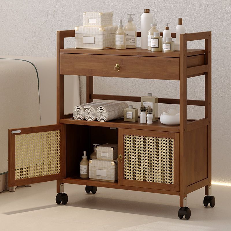 Traditional Chinese Solid Wood Rectangular Side Table 2-Tier Storage Cabinet & Drawer Rolling Cart For Living Room