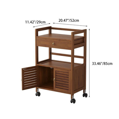 Traditional Chinese Solid Wood Rectangular Side Table 2-Tier Storage Cabinet & Drawer Rolling Cart For Living Room