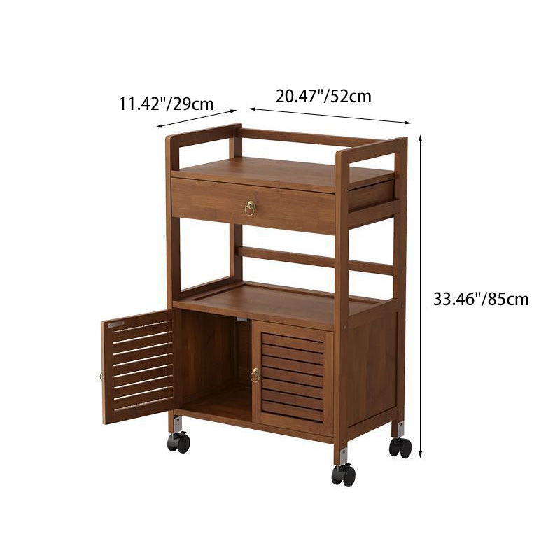 Traditional Chinese Solid Wood Rectangular Side Table 2-Tier Storage Cabinet & Drawer Rolling Cart For Living Room