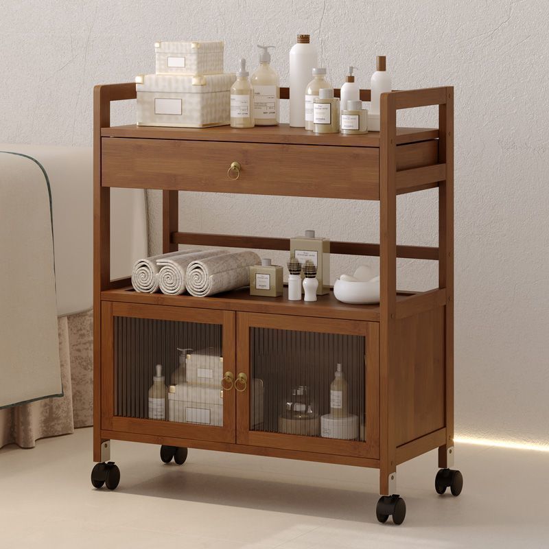 Traditional Chinese Solid Wood Rectangular Side Table 2-Tier Storage Cabinet & Drawer Rolling Cart For Living Room