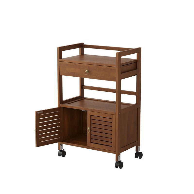 Traditional Chinese Solid Wood Rectangular Side Table 2-Tier Storage Cabinet & Drawer Rolling Cart For Living Room