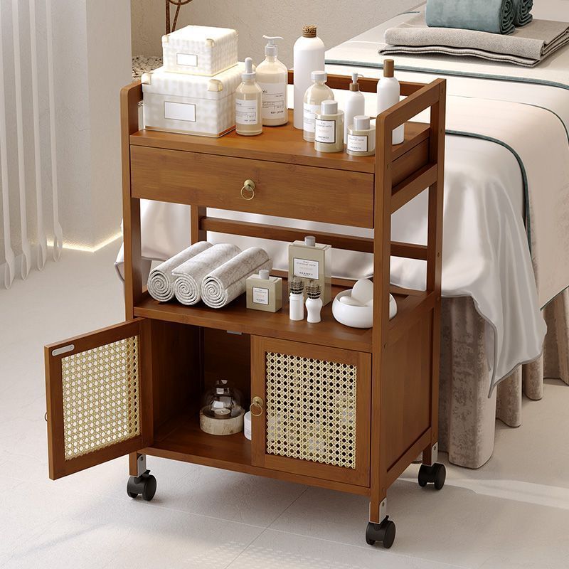 Traditional Chinese Solid Wood Rectangular Side Table 2-Tier Storage Cabinet & Drawer Rolling Cart For Living Room