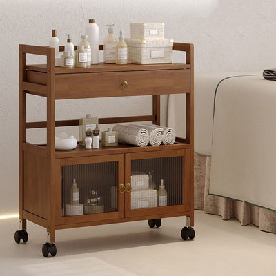 Traditional Chinese Solid Wood Rectangular Side Table 2-Tier Storage Cabinet & Drawer Rolling Cart For Living Room