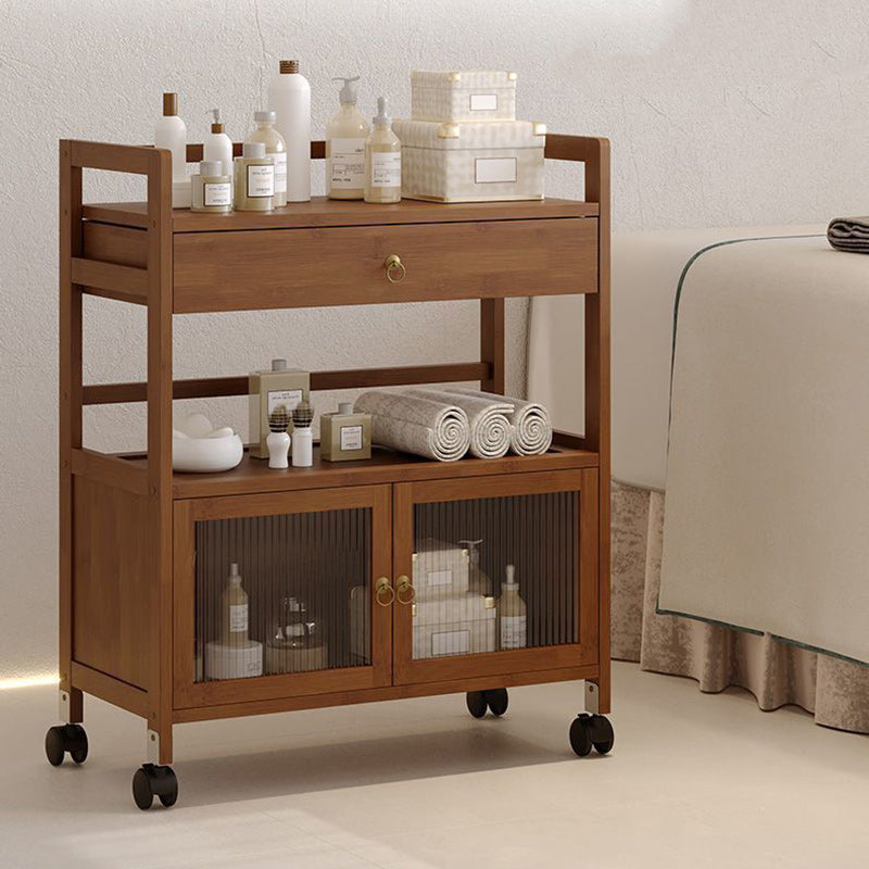 Traditional Chinese Solid Wood Rectangular Side Table 2-Tier Storage Cabinet & Drawer Rolling Cart For Living Room