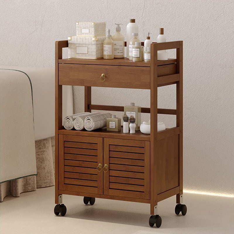 Traditional Chinese Solid Wood Rectangular Side Table 2-Tier Storage Cabinet & Drawer Rolling Cart For Living Room