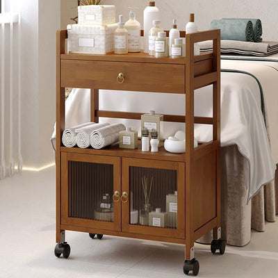 Traditional Chinese Solid Wood Rectangular Side Table 2-Tier Storage Cabinet & Drawer Rolling Cart For Living Room
