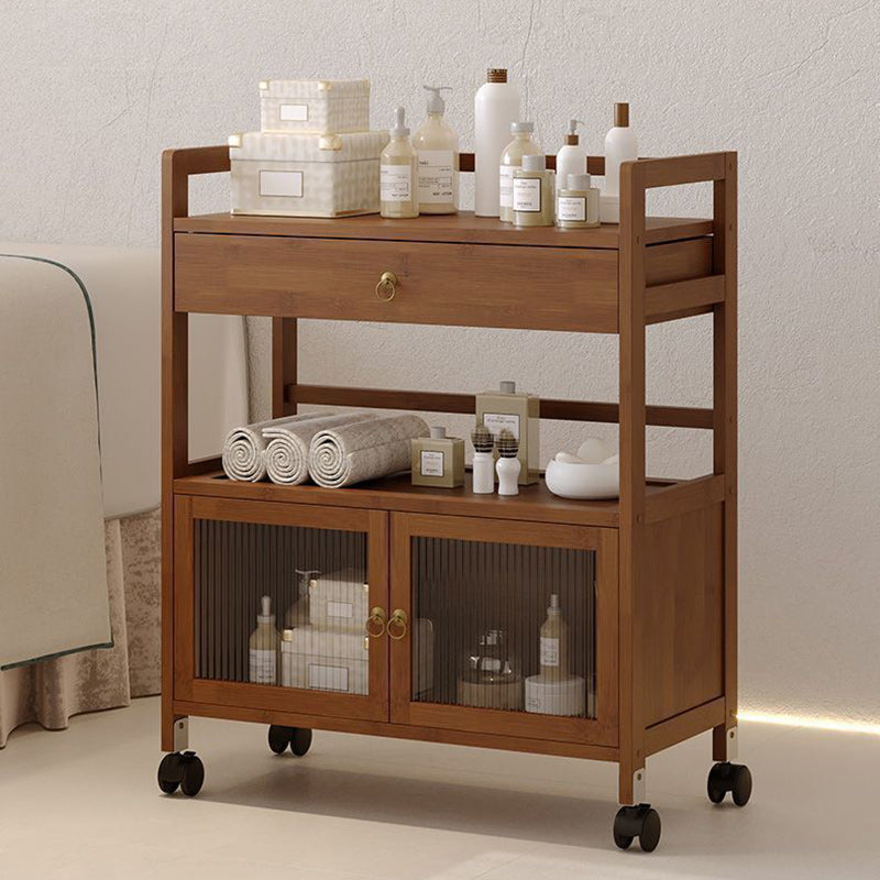 Traditional Chinese Solid Wood Rectangular Side Table 2-Tier Storage Cabinet & Drawer Rolling Cart For Living Room