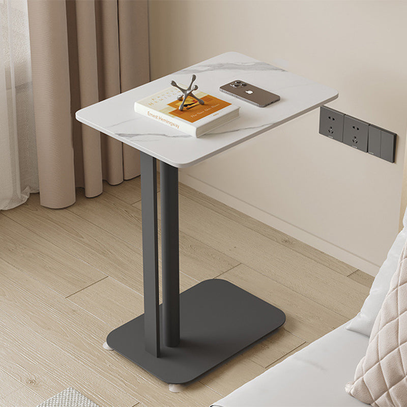 Contemporary Nordic Sintered Stone Marble Texture Rectangular Top Carbon Steel Side Table With Wheels 2-Tier For Living Room