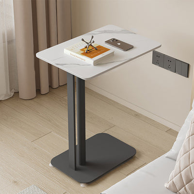 Contemporary Nordic Sintered Stone Marble Texture Rectangular Top Carbon Steel Side Table With Wheels 2-Tier For Living Room