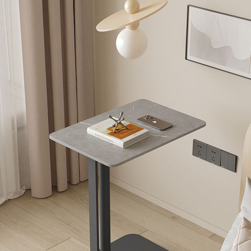 Contemporary Nordic Sintered Stone Marble Texture Rectangular Top Carbon Steel Side Table With Wheels 2-Tier For Living Room