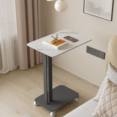 Contemporary Nordic Sintered Stone Marble Texture Rectangular Top Carbon Steel Side Table With Wheels 2-Tier For Living Room