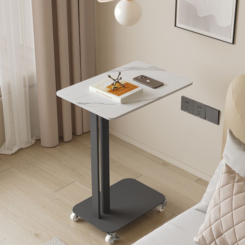 Contemporary Nordic Sintered Stone Marble Texture Rectangular Top Carbon Steel Side Table With Wheels 2-Tier For Living Room