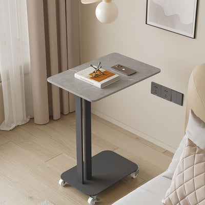 Contemporary Nordic Sintered Stone Marble Texture Rectangular Top Carbon Steel Side Table With Wheels 2-Tier For Living Room