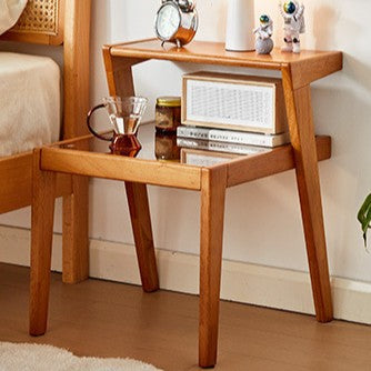 Traditional Japanese Square Glass Rubberwood Side Table 2-Tier For Living Room