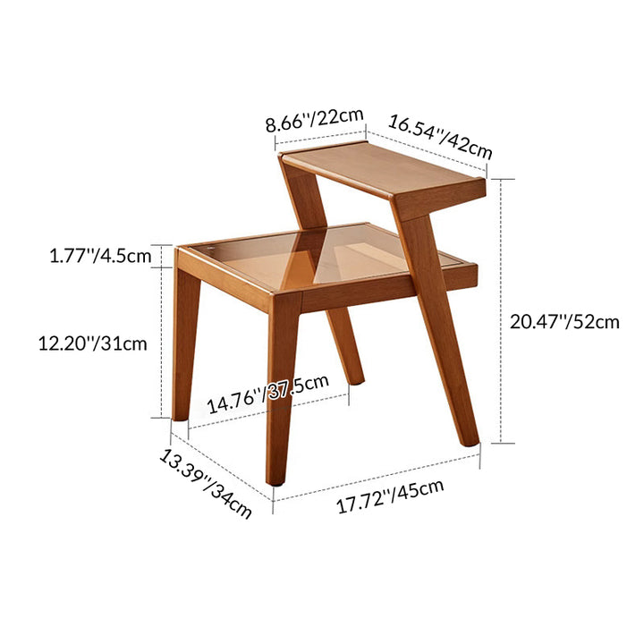 Traditional Japanese Square Glass Rubberwood Side Table 2-Tier For Living Room