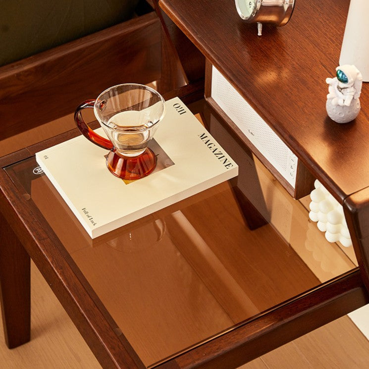 Traditional Japanese Square Glass Rubberwood Side Table 2-Tier For Living Room