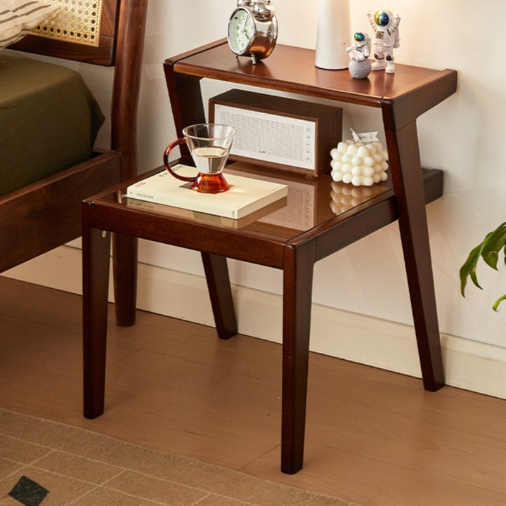Traditional Japanese Square Glass Rubberwood Side Table 2-Tier For Living Room