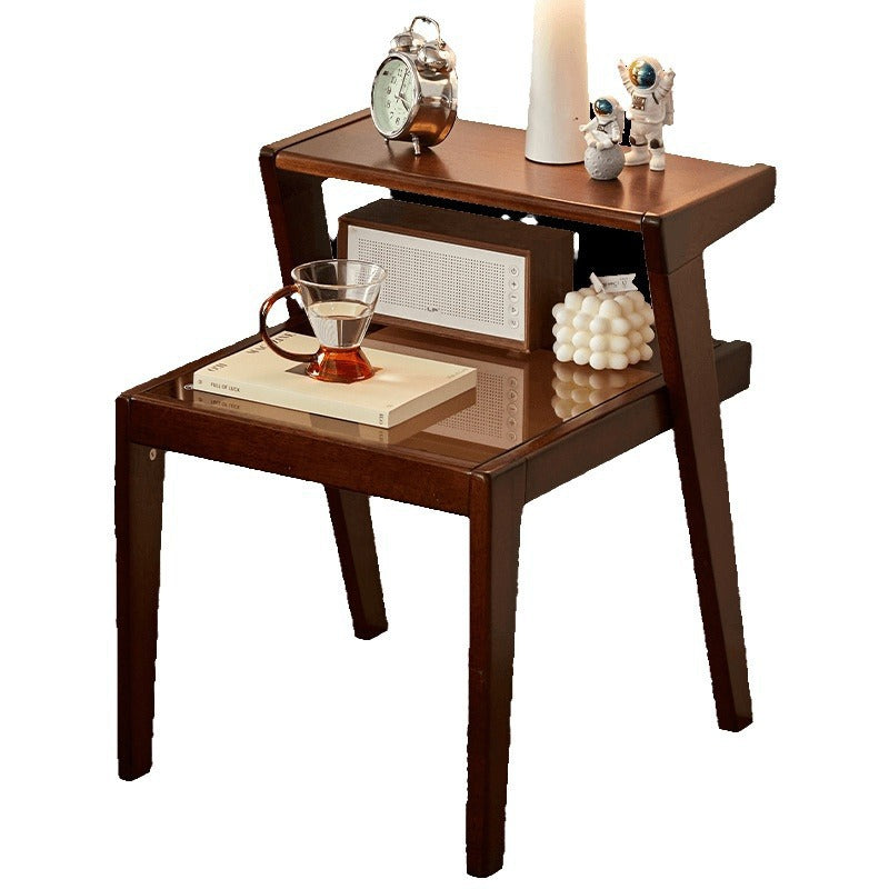 Traditional Japanese Square Glass Rubberwood Side Table 2-Tier For Living Room
