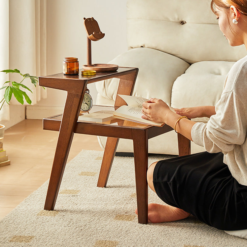 Traditional Japanese Square Glass Rubberwood Side Table 2-Tier For Living Room