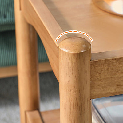 Traditioneller japanischer rechteckiger Beistelltisch aus massivem Holz mit Rattantop, 2-stufigen Ablagefächern und Rollen für das Wohnzimmer 