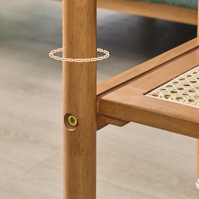 Traditioneller japanischer rechteckiger Beistelltisch aus massivem Holz mit Rattantop, 2-stufigen Ablagefächern und Rollen für das Wohnzimmer 