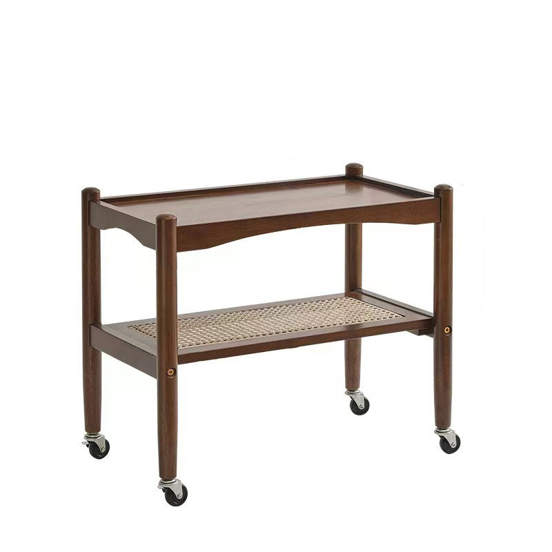 Traditioneller japanischer rechteckiger Beistelltisch aus massivem Holz mit Rattantop, 2-stufigen Ablagefächern und Rollen für das Wohnzimmer 