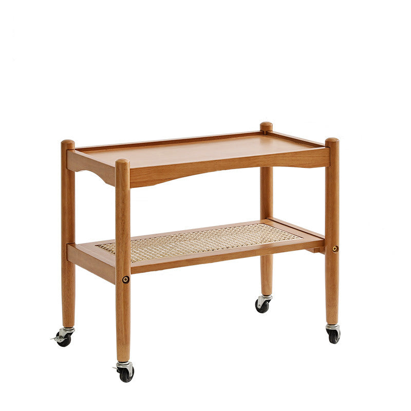 Traditioneller japanischer rechteckiger Beistelltisch aus massivem Holz mit Rattantop, 2-stufigen Ablagefächern und Rollen für das Wohnzimmer 