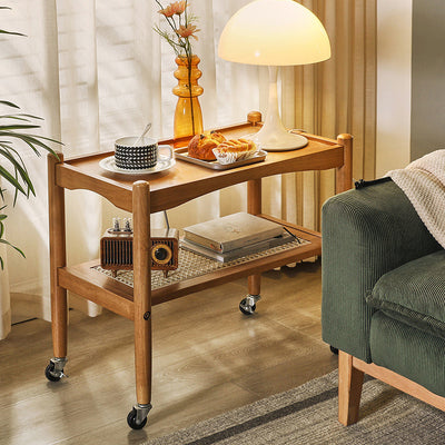 Traditioneller japanischer rechteckiger Beistelltisch aus massivem Holz mit Rattantop, 2-stufigen Ablagefächern und Rollen für das Wohnzimmer 