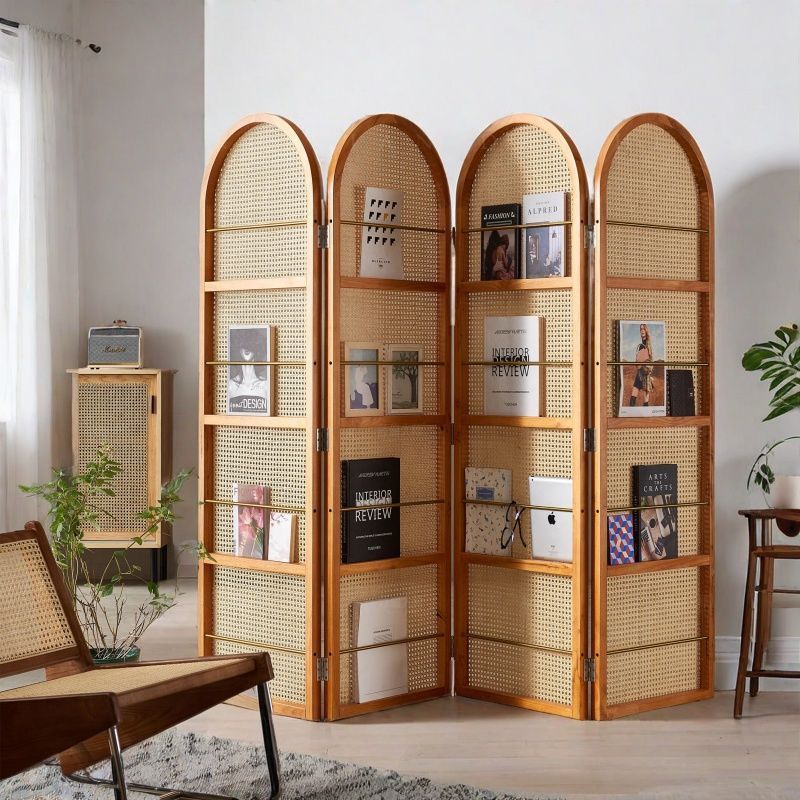 Contemporary Retro Rattan Ash Wood Finish Movable Corner Shelf Unit Foldable 2/3/4-Panel Room Divider Storage Shelves For Living Room