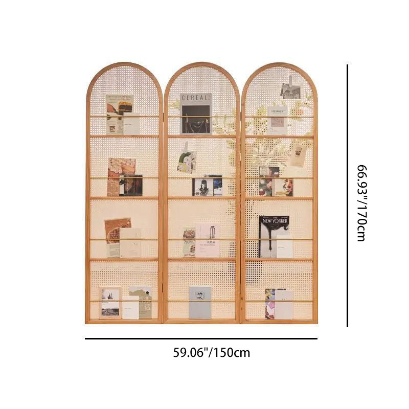 Contemporary Retro Rattan Ash Wood Finish Movable Corner Shelf Unit Foldable 2/3/4-Panel Room Divider Storage Shelves For Living Room