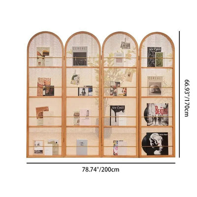 Contemporary Retro Rattan Ash Wood Finish Movable Corner Shelf Unit Foldable 2/3/4-Panel Room Divider Storage Shelves For Living Room