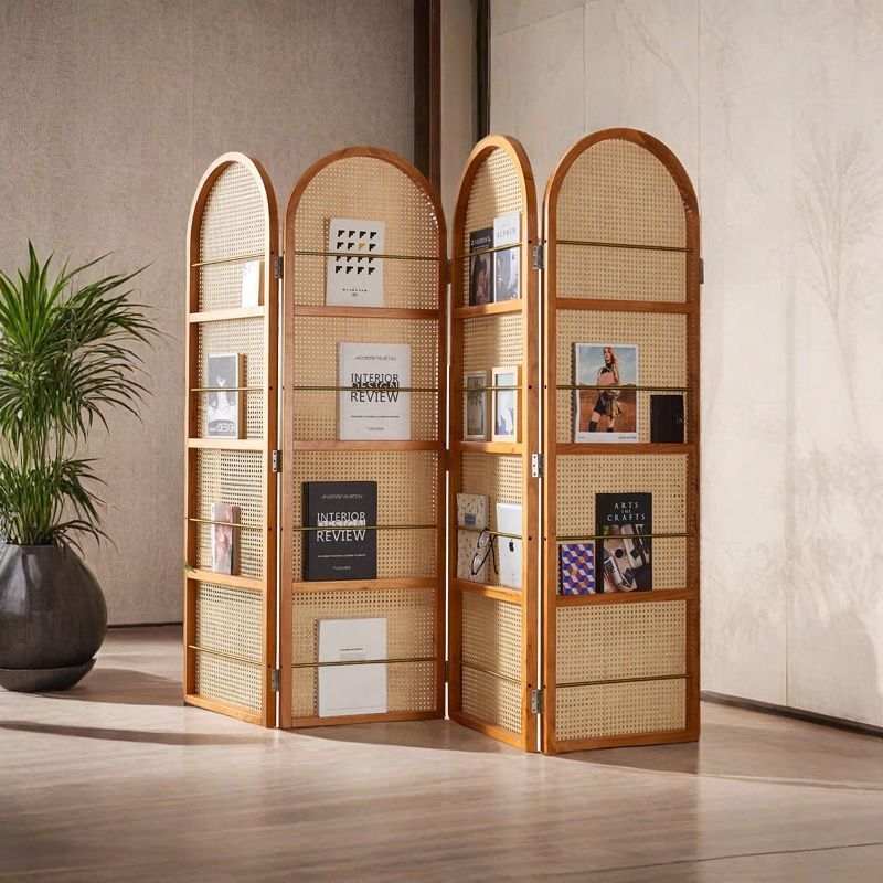 Contemporary Retro Rattan Ash Wood Finish Movable Corner Shelf Unit Foldable 2/3/4-Panel Room Divider Storage Shelves For Living Room