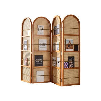 Contemporary Retro Rattan Ash Wood Finish Movable Corner Shelf Unit Foldable 2/3/4-Panel Room Divider Storage Shelves For Living Room